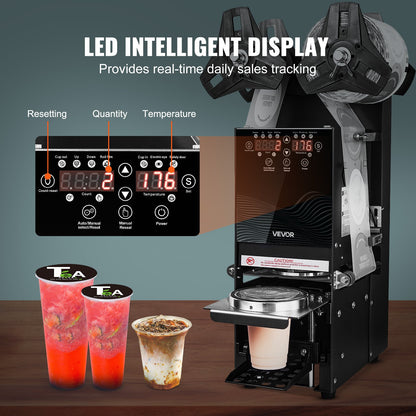 Fully Automatic Cup Sealing Machine, 500-650 Cups/H, Cup Sealer Machine for 180 mm Tall & 90/95 mm Cup, Electric Tea Sealer with Digital Control LCD Panel for Bubble Milk Tea Coffee, Black