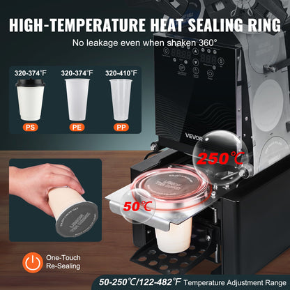 Fully Automatic Cup Sealing Machine, 500-650 Cups/H, Cup Sealer Machine for 190 mm Tall & 90/95 mm Cup, Electric Tea Sealer with Digital Control LCD Panel for Bubble Milk Tea Coffee, Black