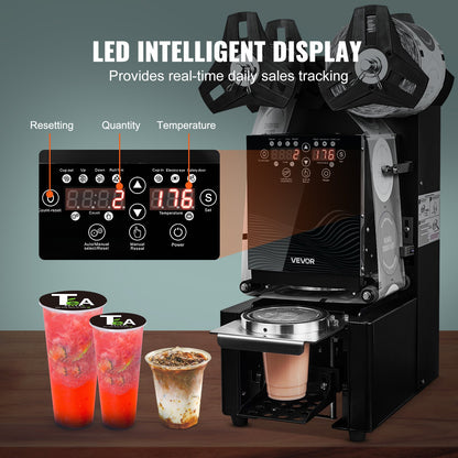 Fully Automatic Cup Sealing Machine, 500-650 Cups/H, Cup Sealer Machine for 190 mm Tall & 90/95 mm Cup, Electric Tea Sealer with Digital Control LCD Panel for Bubble Milk Tea Coffee, Black
