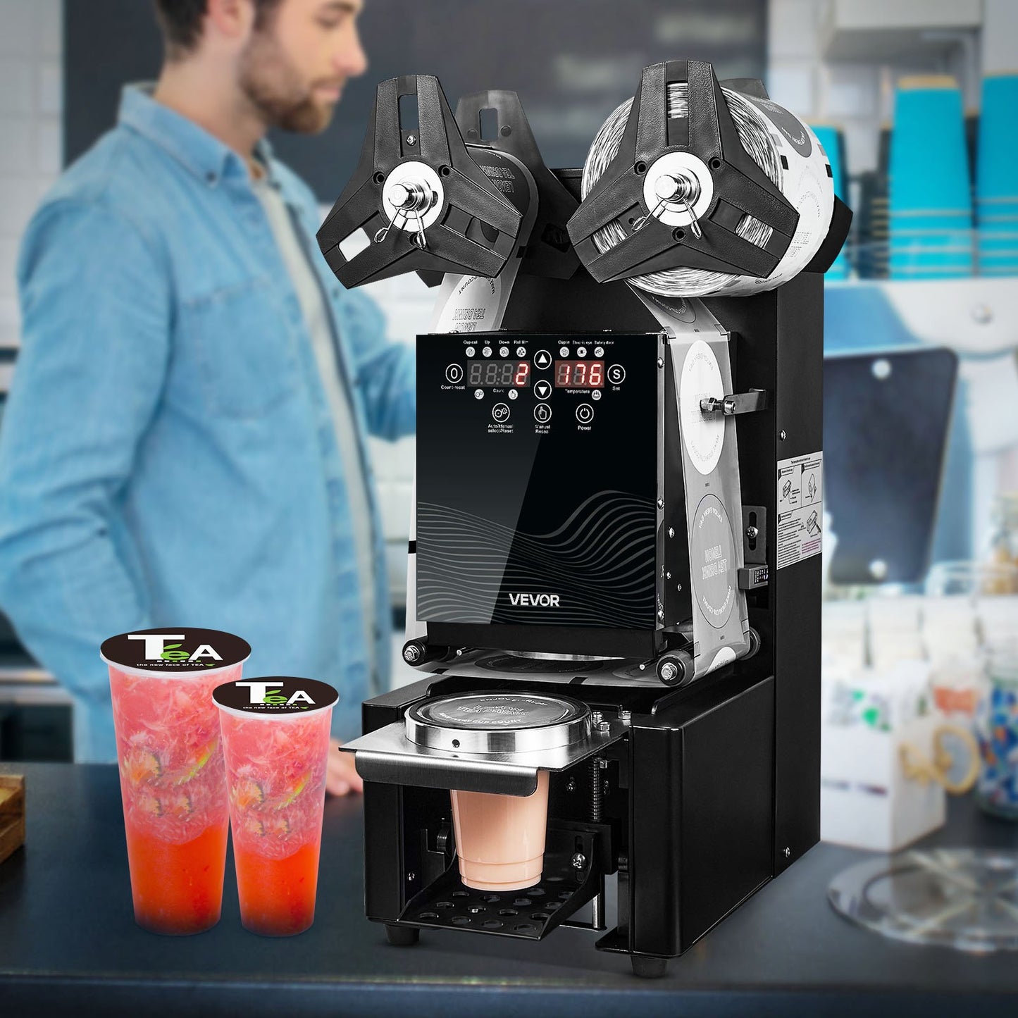 Fully Automatic Cup Sealing Machine, 500-650 Cups/H, Cup Sealer Machine for 190 mm Tall & 90/95 mm Cup, Electric Tea Sealer with Digital Control LCD Panel for Bubble Milk Tea Coffee, Black