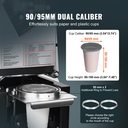 Vollautomatische Becherversiegelungsmaschine, 500–650 Tassen/h, Becherversiegelungsmaschine für 190 mm lange und 90/95 mm große Becher, elektrischer Boba-Tee-Versiegeler mit digitalem LCD-Bedienfeld für Bubble Milk Tea Coffee, Schwarz
