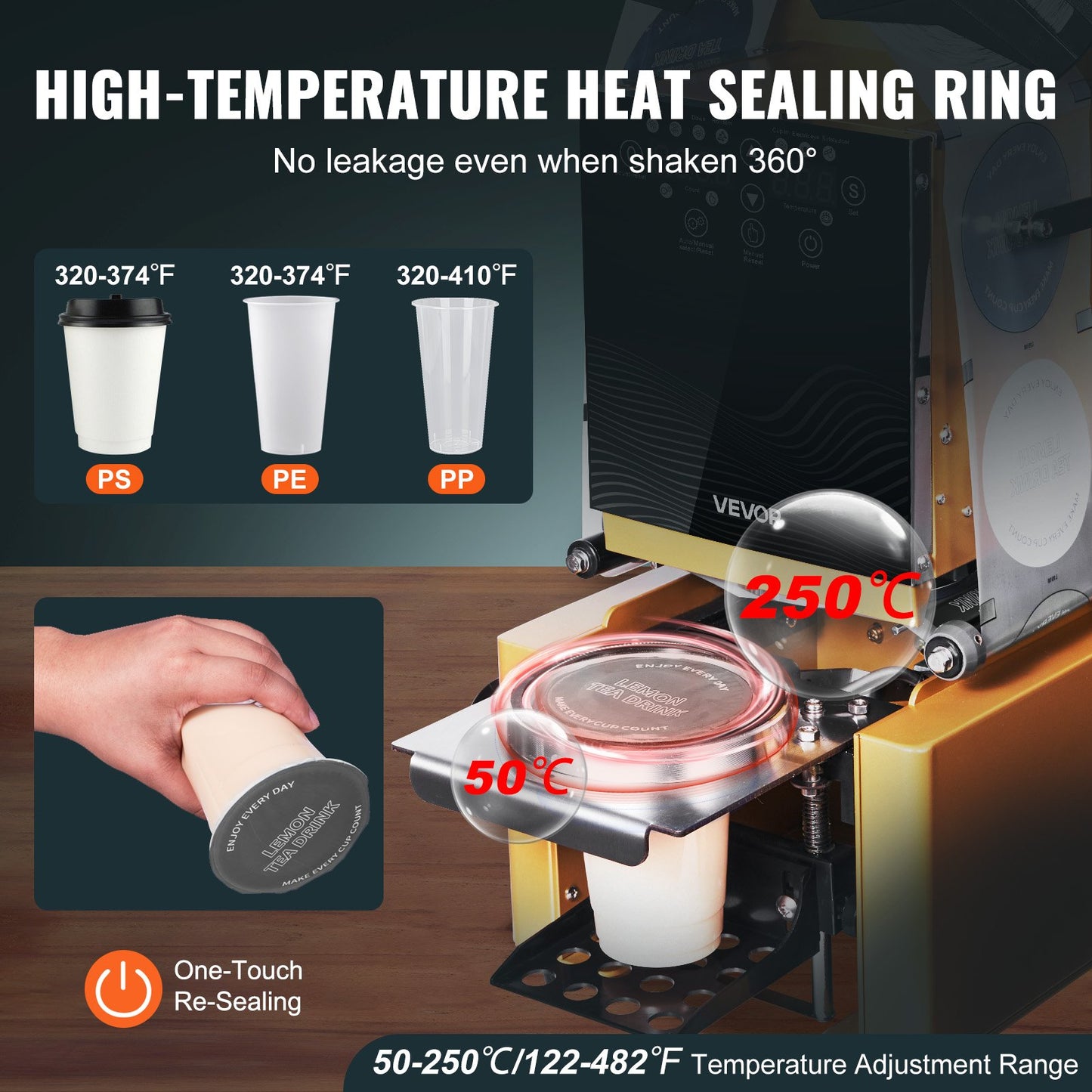 Fully Automatic Cup Sealing Machine, 500-650 Cups/H, Cup Sealer Machine for 190 mm Tall & 90/95 mm Cup, Electric Tea Sealer with Digital Control LCD Panel for Bubble Milk Tea Coffee, Gold