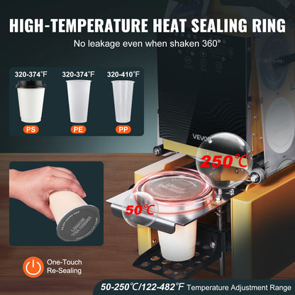 Fully Automatic Cup Sealing Machine, 500-650 Cups/H, Cup Sealer Machine for 190 mm Tall & 90/95 mm Cup, Electric Tea Sealer with Digital Control LCD Panel for Bubble Milk Tea Coffee, Gold