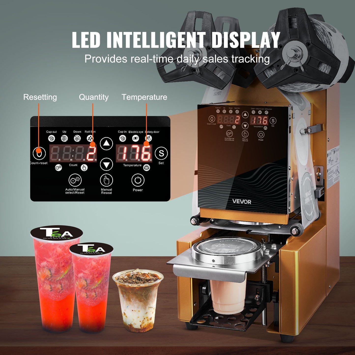 Fully Automatic Cup Sealing Machine, 500-650 Cups/H, Cup Sealer Machine for 190 mm Tall & 90/95 mm Cup, Electric Tea Sealer with Digital Control LCD Panel for Bubble Milk Tea Coffee, Gold