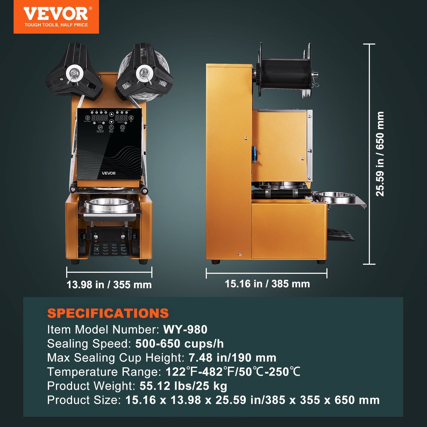 Fully Automatic Cup Sealing Machine, 500-650 Cups/H, Cup Sealer Machine for 190 mm Tall & 90/95 mm Cup, Electric Tea Sealer with Digital Control LCD Panel for Bubble Milk Tea Coffee, Gold