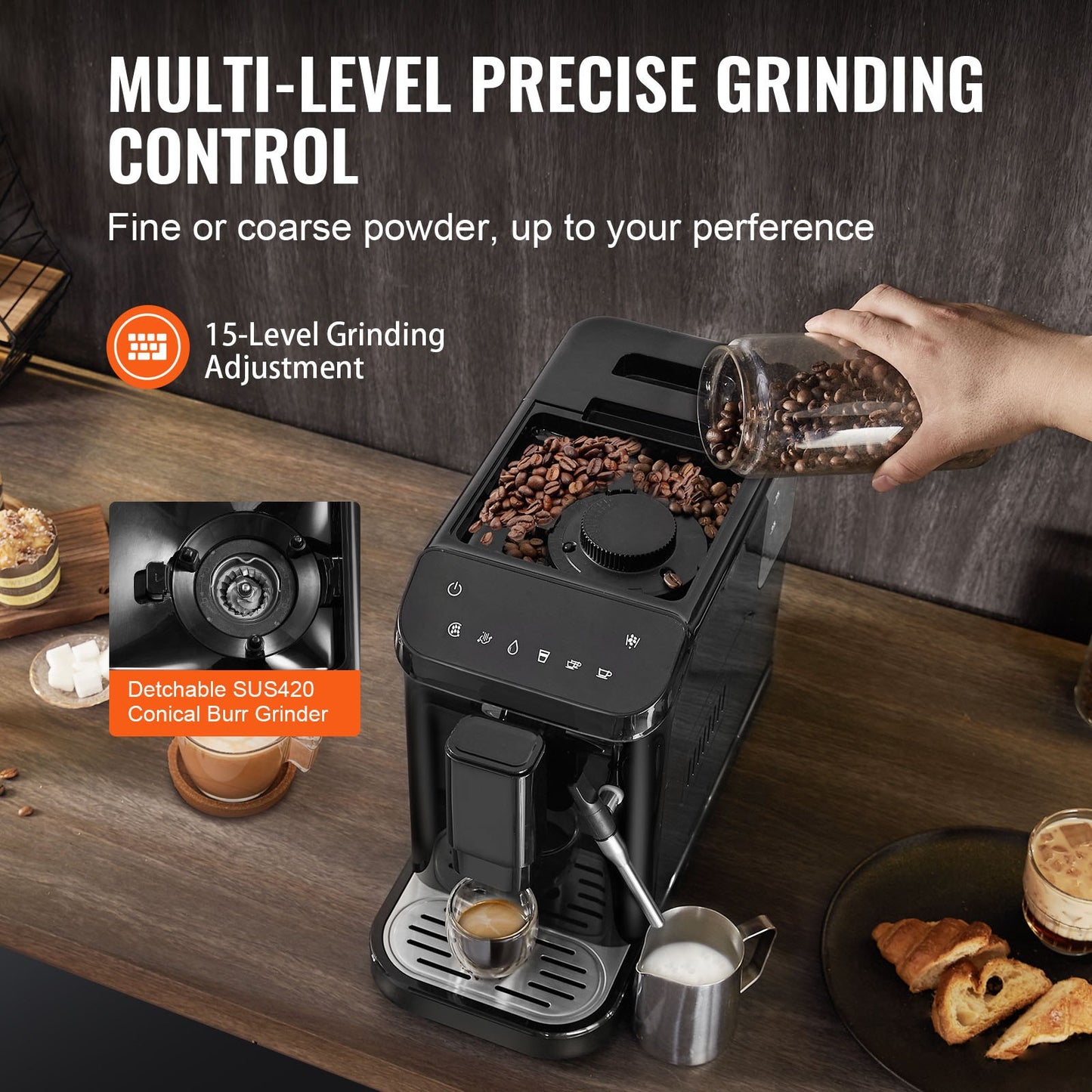 Automatic Espresso Machine, 20 Bar Auto Coffee Machine with Frother Steam Wand, Built-In Grinder and 15-Level Grinding Settings, Professional Espresso Coffee Maker with 1.5L Water Tank