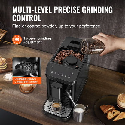 Automatic Espresso Machine, 20 Bar Auto Coffee Machine with Frother Steam Wand, Built-In Grinder and 15-Level Grinding Settings, Professional Espresso Coffee Maker with 1.5L Water Tank
