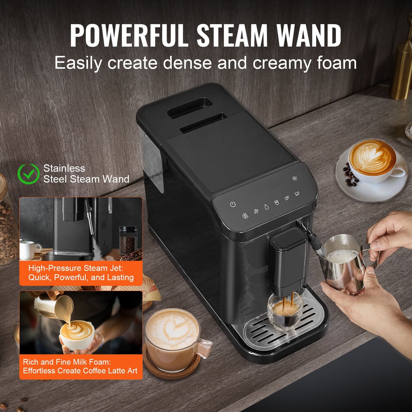 Automatic Espresso Machine, 20 Bar Auto Coffee Machine with Frother Steam Wand, Built-In Grinder and 15-Level Grinding Settings, Professional Espresso Coffee Maker with 1.5L Water Tank