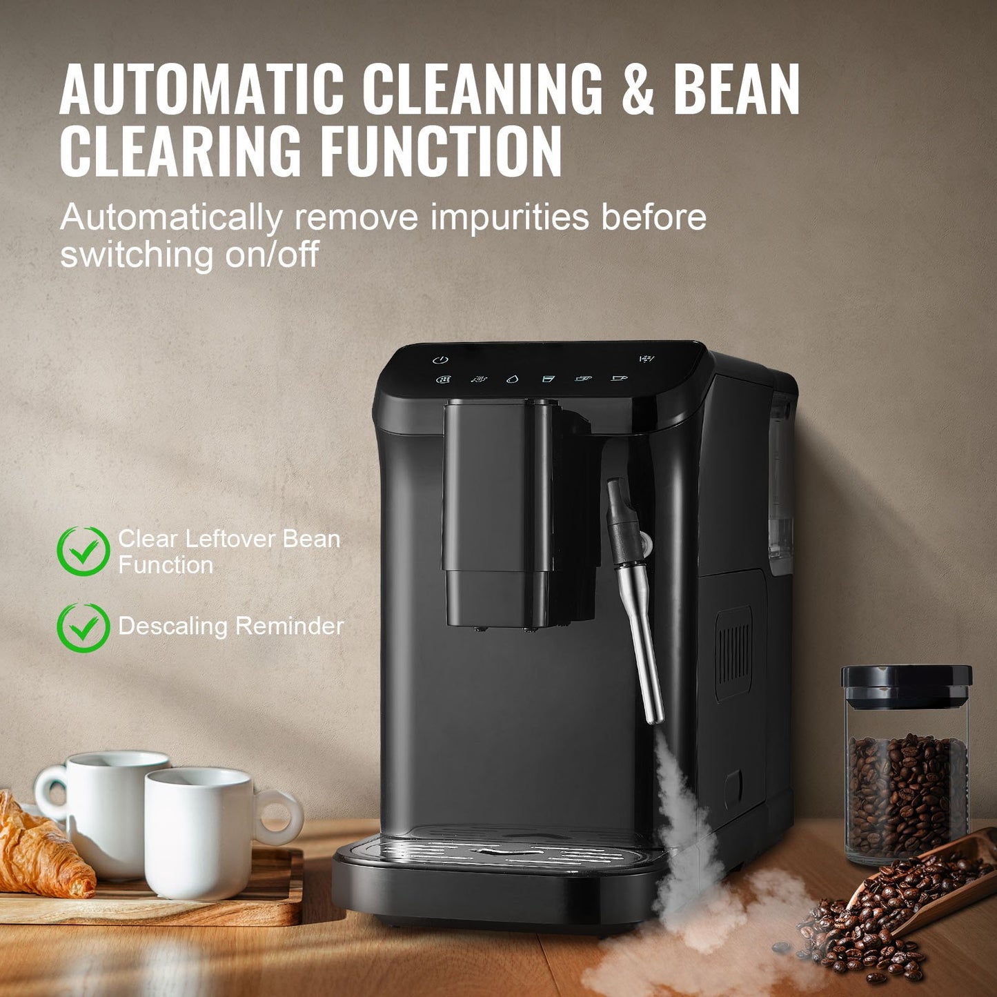 Automatic Espresso Machine, 20 Bar Auto Coffee Machine with Frother Steam Wand, Built-In Grinder and 15-Level Grinding Settings, Professional Espresso Coffee Maker with 1.5L Water Tank