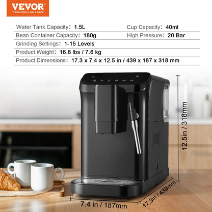 Automatic Espresso Machine, 20 Bar Auto Coffee Machine with Frother Steam Wand, Built-In Grinder and 15-Level Grinding Settings, Professional Espresso Coffee Maker with 1.5L Water Tank