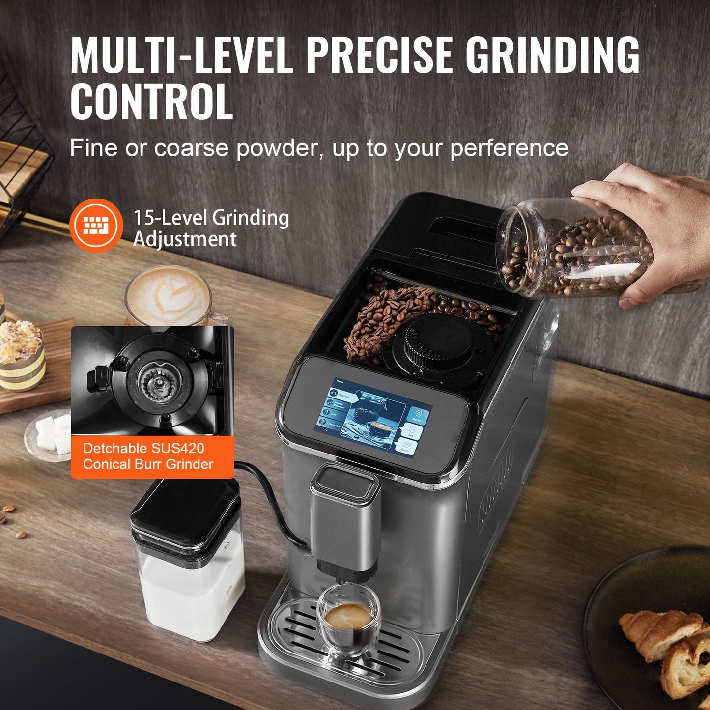 Fully Automatic Espresso Machine - with Automatic Milk Frother, 20 Bar Super-Automatic Cappuccino Latte Machine with TFT Touch Screen, Grinder, 15 Grinding Levels, and Removable Milk Reservoir