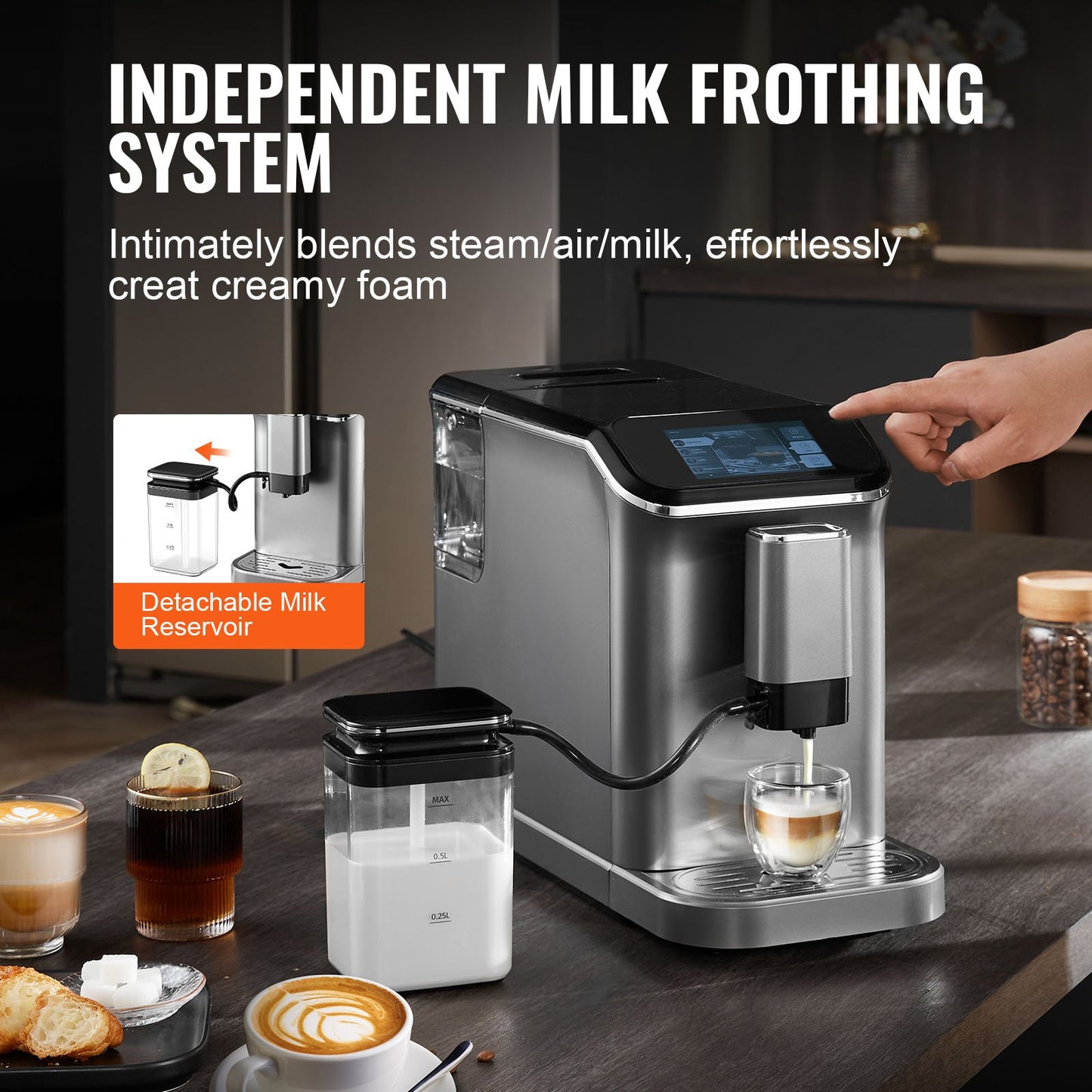 Fully Automatic Espresso Machine - with Automatic Milk Frother, 20 Bar Super-Automatic Cappuccino Latte Machine with TFT Touch Screen, Grinder, 15 Grinding Levels, and Removable Milk Reservoir