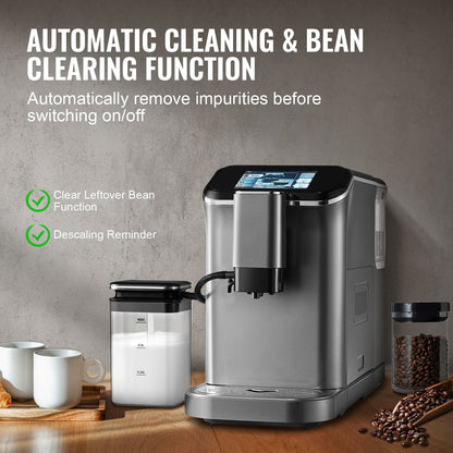 Fully Automatic Espresso Machine - with Automatic Milk Frother, 20 Bar Super-Automatic Cappuccino Latte Machine with TFT Touch Screen, Grinder, 15 Grinding Levels, and Removable Milk Reservoir