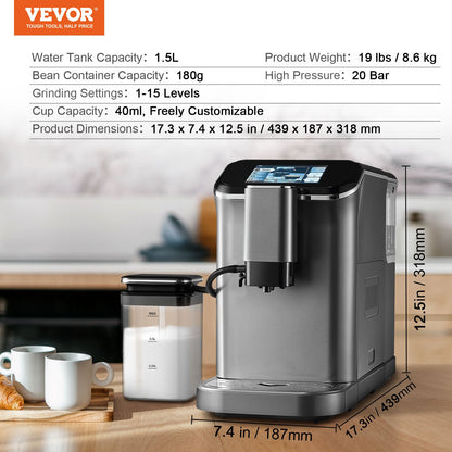 Fully Automatic Espresso Machine - with Automatic Milk Frother, 20 Bar Super-Automatic Cappuccino Latte Machine with TFT Touch Screen, Grinder, 15 Grinding Levels, and Removable Milk Reservoir