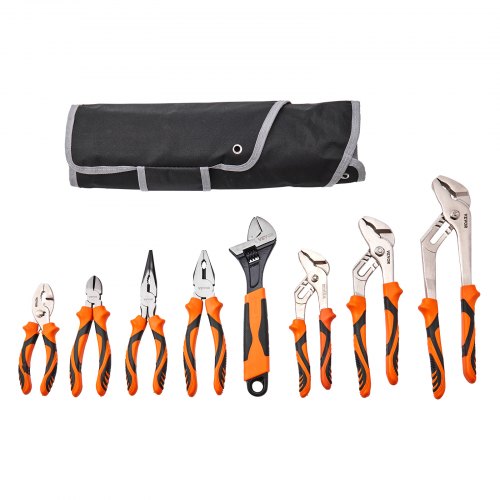 8-Piece Pliers Set, High Carbon Steel, 12"/10"/8" Groove Joint Pliers, 8" Linesman's Pliers, 6" Slip Joint Pliers, 8" Long Nose Pliers, 6" Diagonal Cutter, 10" Adjustable Wrench, and Tool Bag