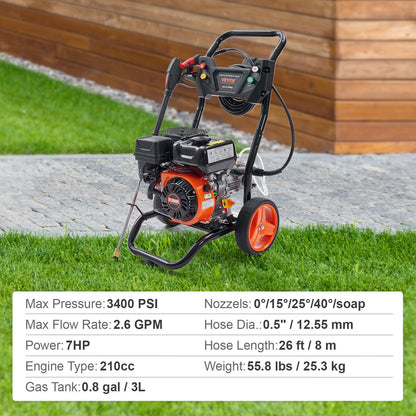 Gas Pressure Washer, 3400 PSI 2.6 GPM, Gas Powered Pressure Washer with Aluminum Pump, Spray Gun and Extension Wand, 5 Quick Connect Nozzles, for Cleaning Cars, Homes, Driveways, Patios