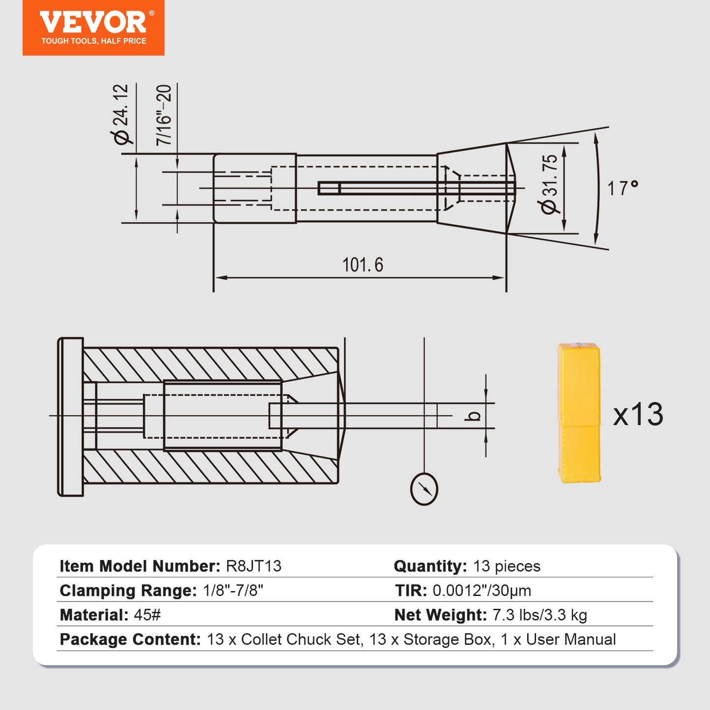13-teiliger Präzisions-R8-Spannzangensatz, 1/8'' - 7/8'', 45# Spannzangenfutter aus legiertem Stahl, 0,0012"/30μm TIR mit 13 markierten Aufbewahrungsboxen, für Fräsmaschinen, Bohrmaschinen, Bohrmaschinen, Bearbeitungszentren