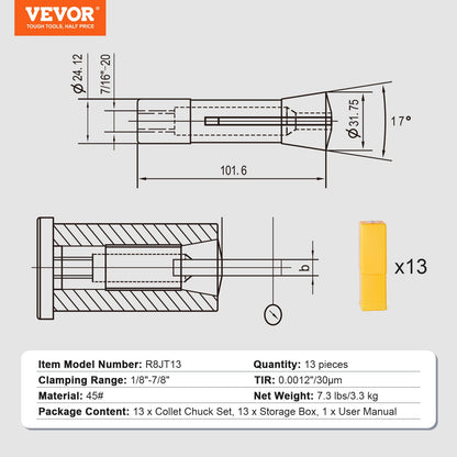 13-teiliger Präzisions-R8-Spannzangensatz, 1/8'' - 7/8'', 45# Spannzangenfutter aus legiertem Stahl, 0,0012"/30μm TIR mit 13 markierten Aufbewahrungsboxen, für Fräsmaschinen, Bohrmaschinen, Bohrmaschinen, Bearbeitungszentren