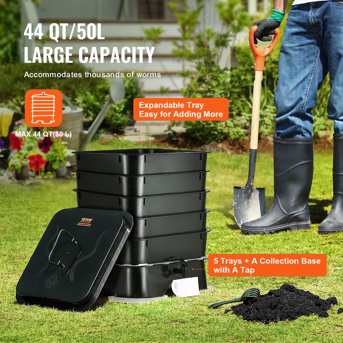5-tray worm composter, 50L worm compost bin outdoor and indoor, worm farm kit with sustainable design, for food waste recycling, worm castings, worm tea, vermiculture and vermicomposting