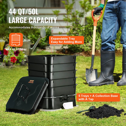 5-tray worm composter, 50L worm compost bin outdoor and indoor, worm farm kit with sustainable design, for food waste recycling, worm castings, worm tea, vermiculture and vermicomposting