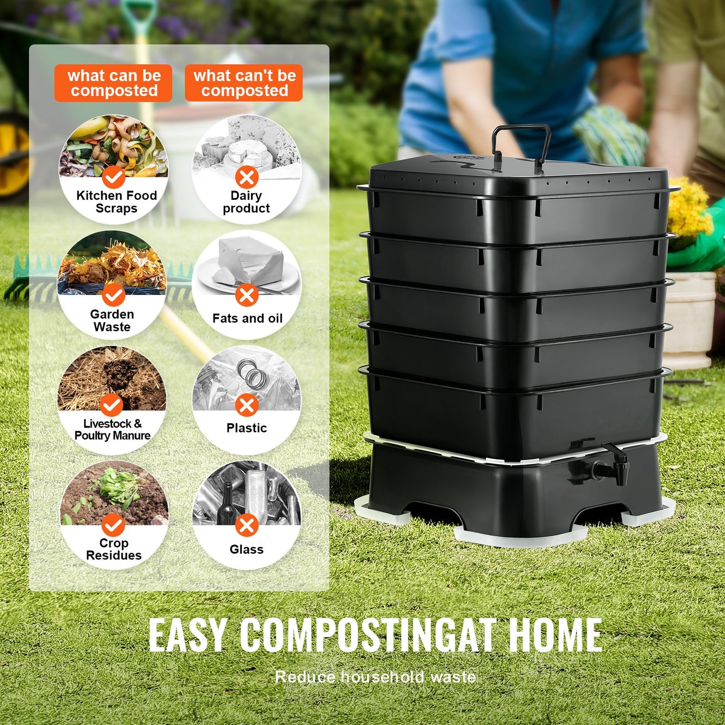 5-tray worm composter, 50L worm compost bin outdoor and indoor, worm farm kit with sustainable design, for food waste recycling, worm castings, worm tea, vermiculture and vermicomposting