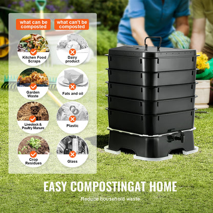 5-tray worm composter, 50L worm compost bin outdoor and indoor, worm farm kit with sustainable design, for food waste recycling, worm castings, worm tea, vermiculture and vermicomposting