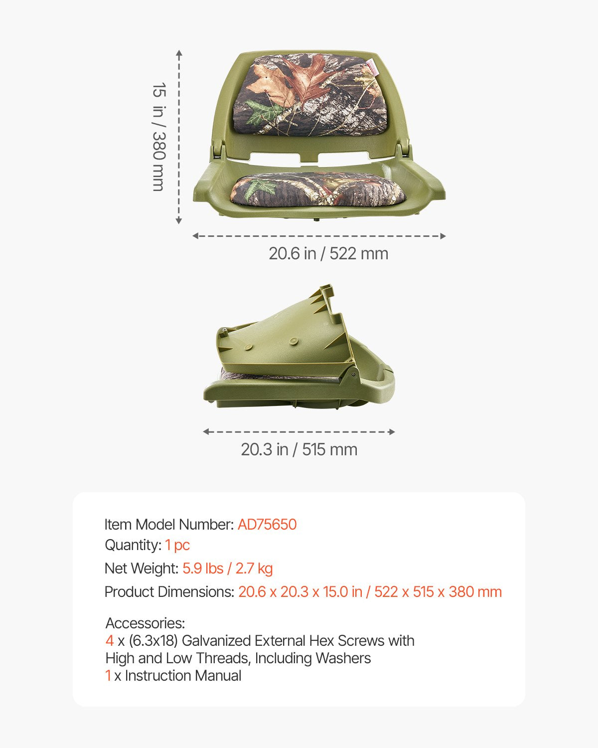 Bootssitz, niedrige Rückenlehne, hochklappbarer Bootssitz, Schwammkissen, Camouflage