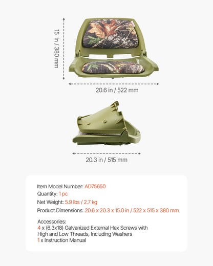 Bootssitz, niedrige Rückenlehne, hochklappbarer Bootssitz, Schwammkissen, Camouflage