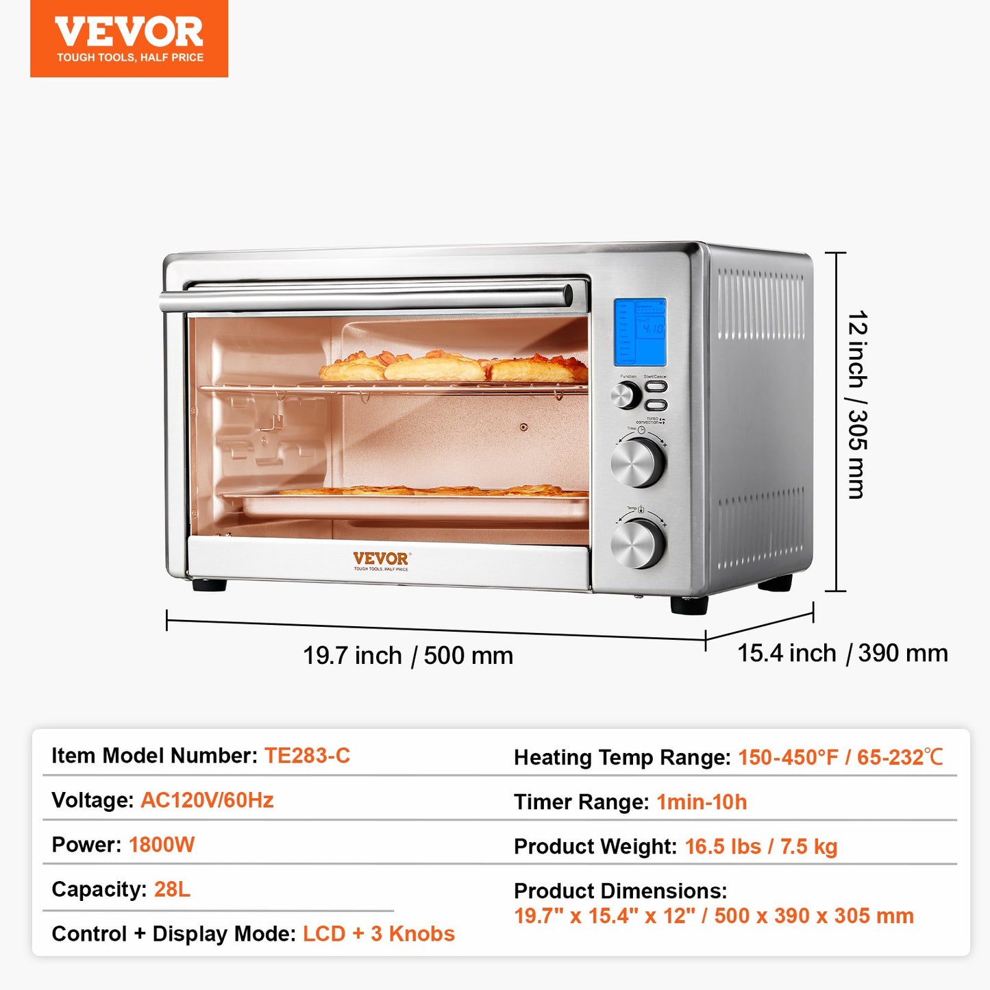 Countertop Convection Oven 28L Toaster Baker 10-IN-1 1800W for Home Use