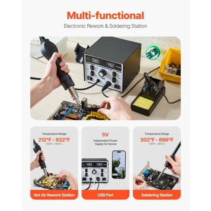 2-i-1 Hot Air Rework & Soldering Station 820W med 5V USB-laddningsport |  EU