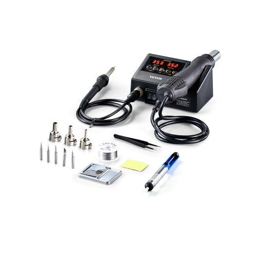 2-in-1 Hot Air Rework Station & Soldering Station, 750W Digital Rework and Soldering Iron Station with Adjustable Temps & Airflow, ℃/℉ Conversion, 3 Hot Air Nozzles for Electronics Repairing