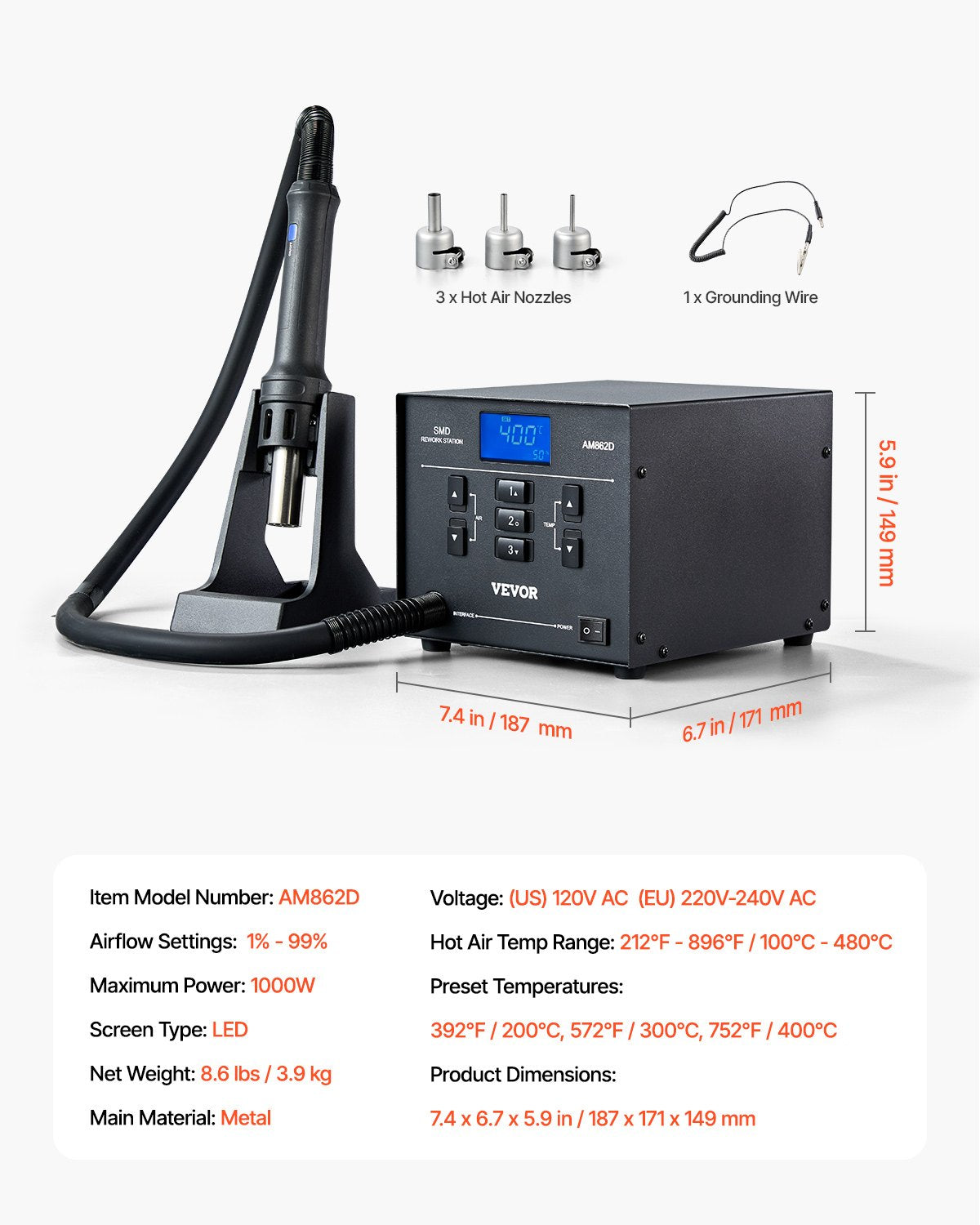 Heißluft-Nacharbeitsstation, 1000 W, LED, digitale SMD-Nacharbeitsstation, 212 °F–896 °F