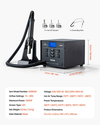 Heißluft-Nacharbeitsstation, 1000 W, LED, digitale SMD-Nacharbeitsstation, 212 °F–896 °F