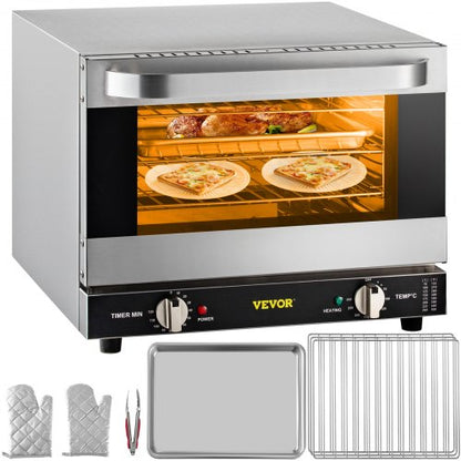 Commercial Convection Oven, 21L/19Qt, Quarter-Size Conventional Oven Countertop, 1440W 3-Tier Toaster with Front Glass Door, Electric Baking Oven with Trays Wire Racks Clip Gloves, 120V, ETL Lis