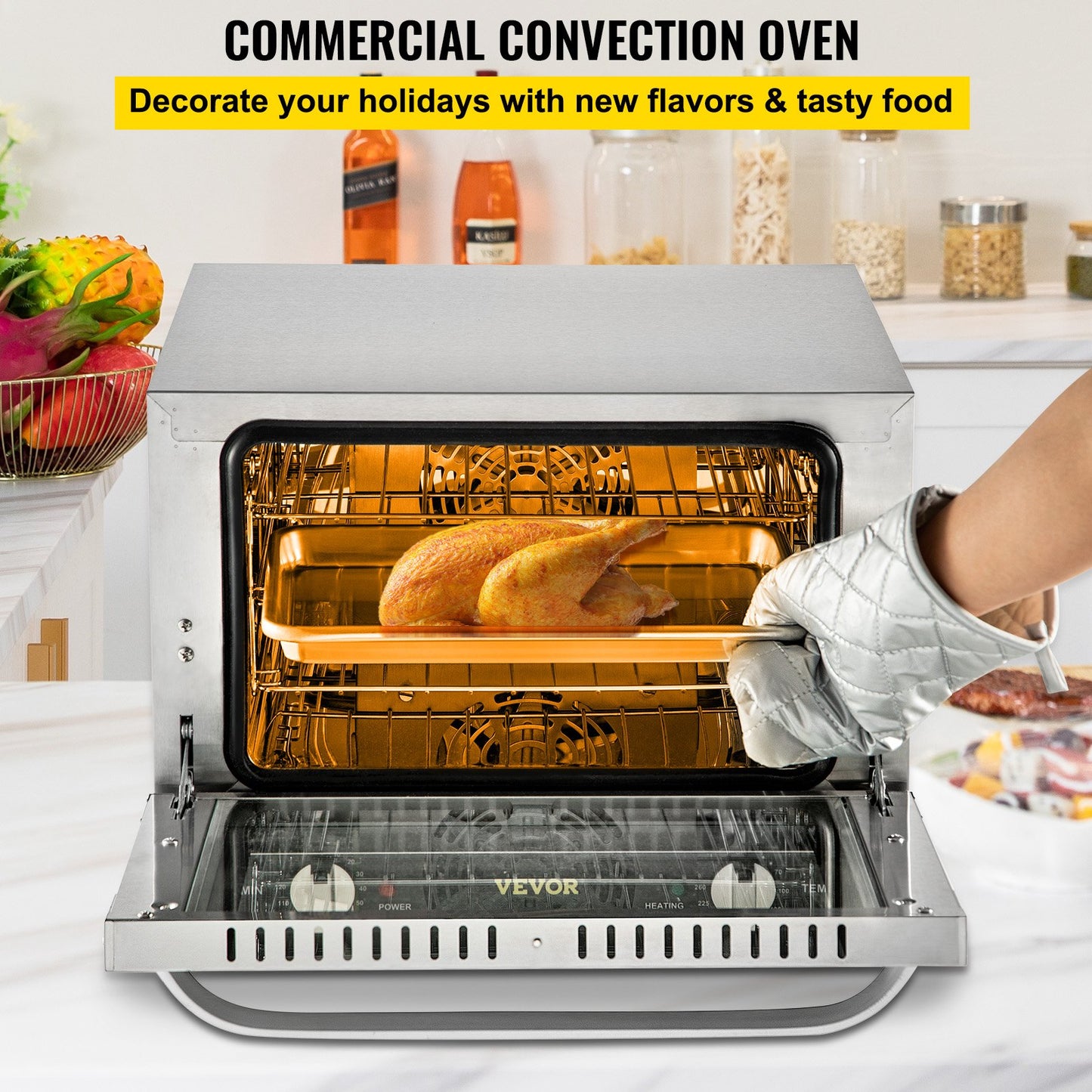 Commercial Convection Oven, 21L/19Qt, Quarter-Size Conventional Oven Countertop, 1440W 3-Tier Toaster with Front Glass Door, Electric Baking Oven with Trays Wire Racks Clip Gloves, 120V, ETL Lis