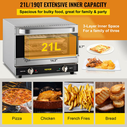 Commercial Convection Oven, 21L/19Qt, Quarter-Size Conventional Oven Countertop, 1440W 3-Tier Toaster with Front Glass Door, Electric Baking Oven with Trays Wire Racks Clip Gloves, 120V, ETL Lis