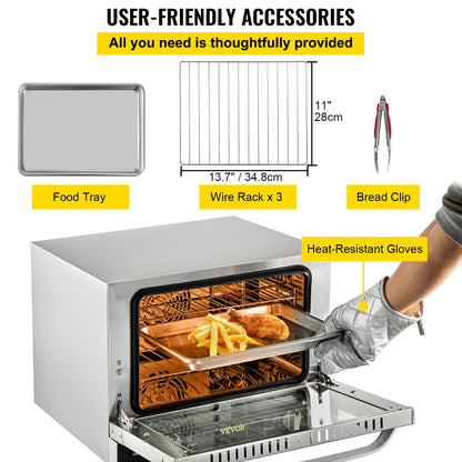 Commercial Convection Oven, 21L/19Qt, Quarter-Size Conventional Oven Countertop, 1440W 3-Tier Toaster with Front Glass Door, Electric Baking Oven with Trays Wire Racks Clip Gloves, 120V, ETL Lis
