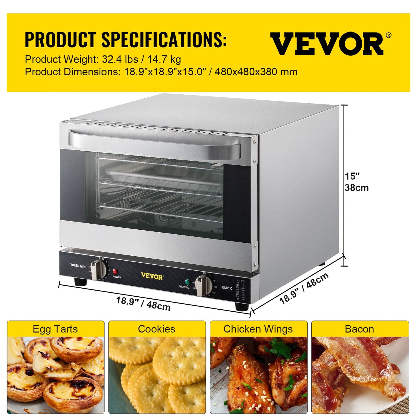 Commercial Convection Oven, 21L/19Qt, Quarter-Size Conventional Oven Countertop, 1440W 3-Tier Toaster with Front Glass Door, Electric Baking Oven with Trays Wire Racks Clip Gloves, 120V, ETL Lis