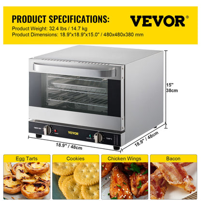 Commercial Convection Oven, 21L/19Qt, Quarter-Size Conventional Oven Countertop, 1440W 3-Tier Toaster with Front Glass Door, Electric Baking Oven with Trays Wire Racks Clip Gloves, 120V, ETL Lis