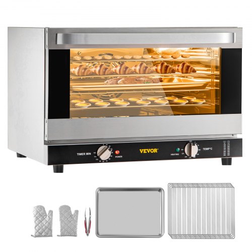Commercial Convection Oven, 47L/43Qt, Half-Size Conventional Oven Countertop, 1600W 4-Tier Toaster with Front Glass Door, Electric Baking Oven with Trays Wire Racks Clip Gloves, 120V, ETL Listed