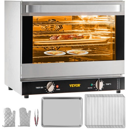 Commercial Convection Oven, 66L/60Qt, Half-Size Conventional Oven Countertop, 1800W 4-Tier Toaster with Front Glass Door, Electric Baking Oven with Trays Wire Racks Clip Gloves, 120V, ETL Listed