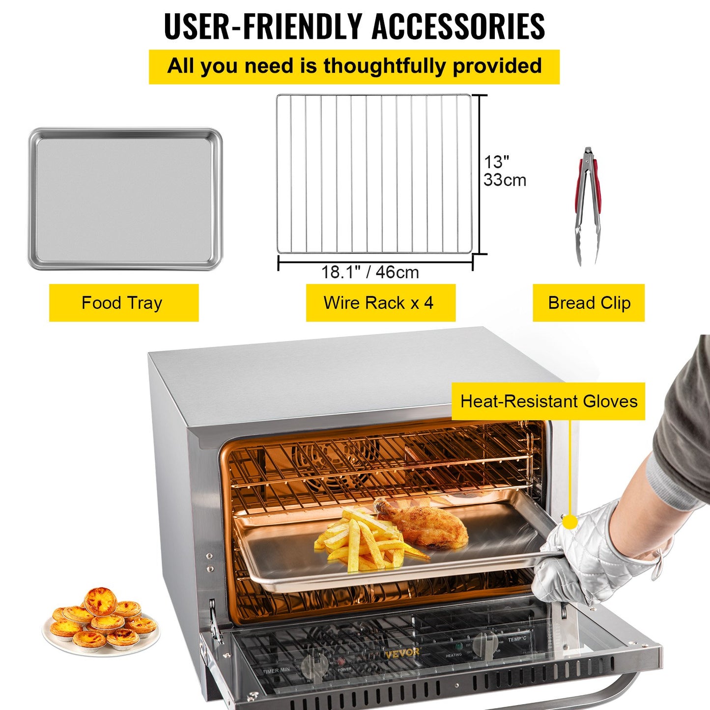 Commercial Convection Oven, 66L/60Qt, Half-Size Conventional Oven Countertop, 1800W 4-Tier Toaster with Front Glass Door, Electric Baking Oven with Trays Wire Racks Clip Gloves, 120V, ETL Listed