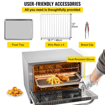 Commercial Convection Oven, 66L/60Qt, Half-Size Conventional Oven Countertop, 1800W 4-Tier Toaster with Front Glass Door, Electric Baking Oven with Trays Wire Racks Clip Gloves, 120V, ETL Listed
