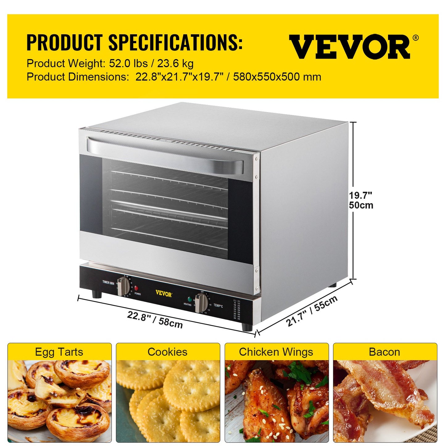 Commercial Convection Oven, 66L/60Qt, Half-Size Conventional Oven Countertop, 1800W 4-Tier Toaster with Front Glass Door, Electric Baking Oven with Trays Wire Racks Clip Gloves, 120V, ETL Listed