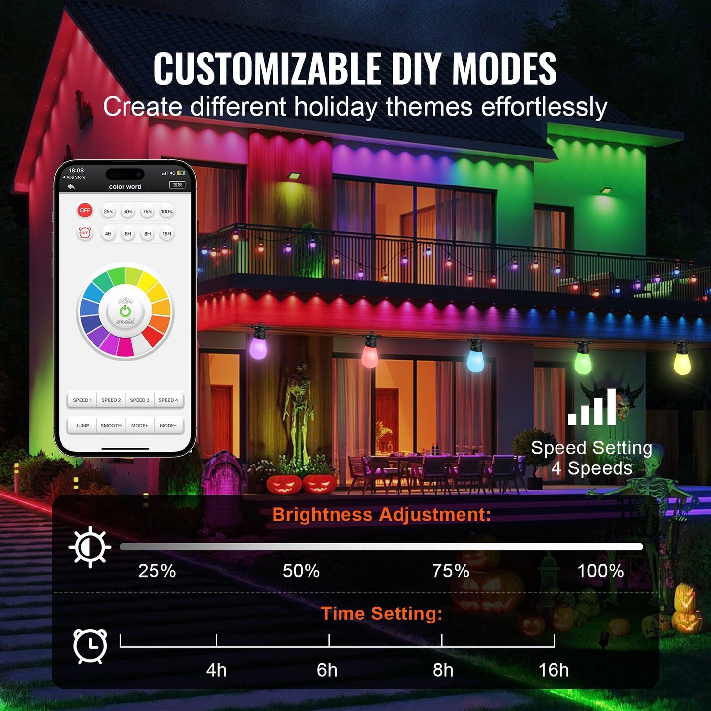 RGB Outdoor String Lights, 100FT, Outside Patio Lights with APP Control 30 Bulbs, 15 Single-Color Adjustable Brightness Time Setting, Waterproof Hanging Lights for Halloween Decoration Christmas