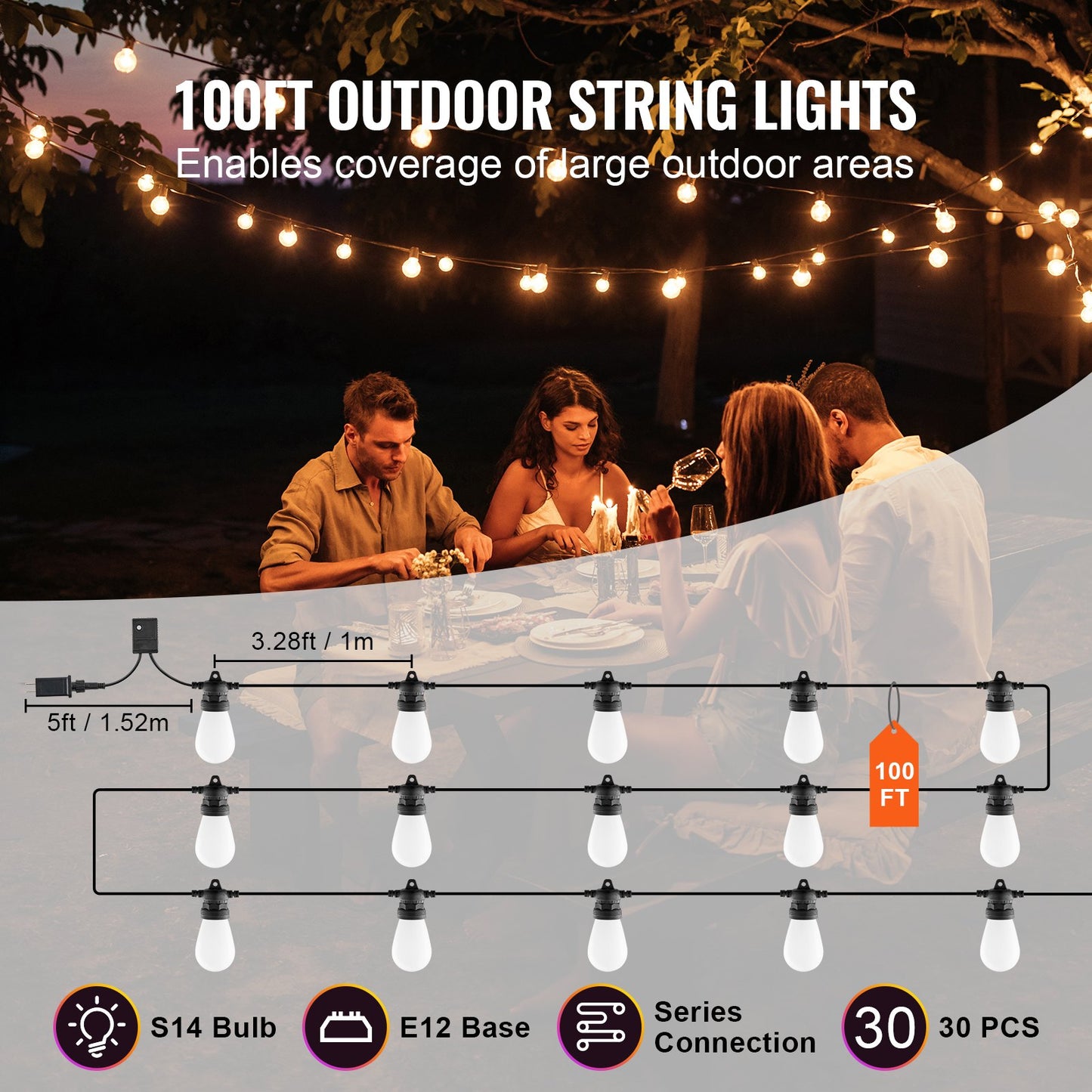 RGB Outdoor String Lights, 100FT, Outside Patio Lights with APP Control 30 Bulbs, 15 Single-Color Adjustable Brightness Time Setting, Waterproof Hanging Lights for Halloween Decoration Christmas