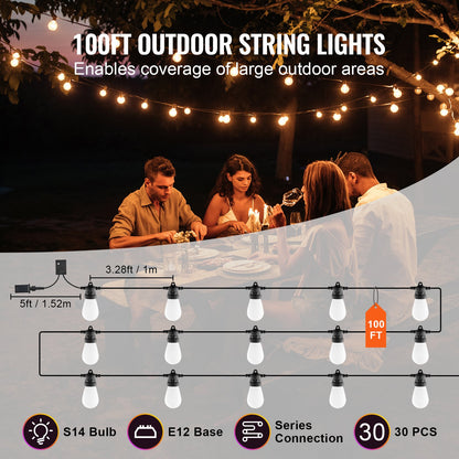 RGB Outdoor String Lights, 100FT, Outside Patio Lights with APP Control 30 Bulbs, 15 Single-Color Adjustable Brightness Time Setting, Waterproof Hanging Lights for Halloween Decoration Christmas