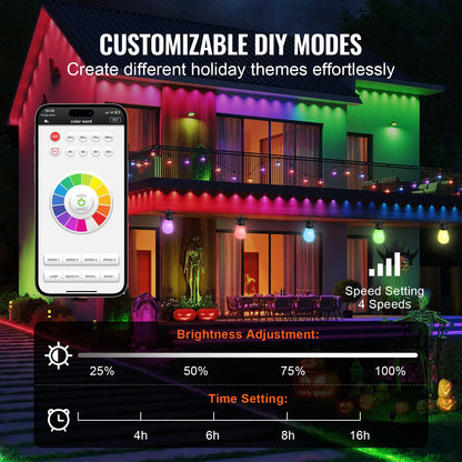 RGB Outdoor String Lights, 50FT, Outside Patio Lights with APP Control 15 Bulbs, 15 Single-Color Adjustable Brightness Time Setting, Waterproof Hanging Lights for Halloween Decorations Christmas