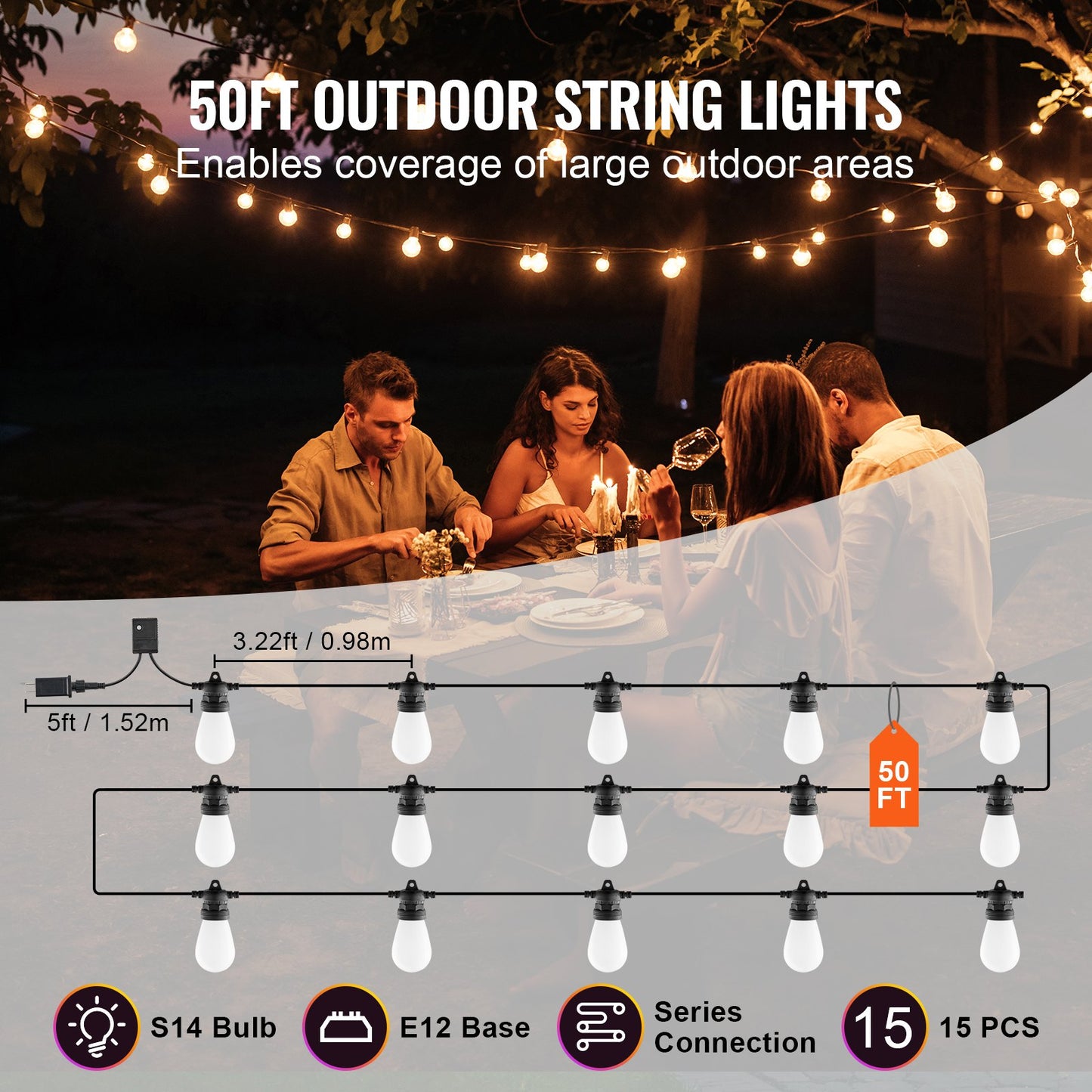 RGB Outdoor String Lights, 50FT, Outside Patio Lights with APP Control 15 Bulbs, 15 Single-Color Adjustable Brightness Time Setting, Waterproof Hanging Lights for Halloween Decorations Christmas
