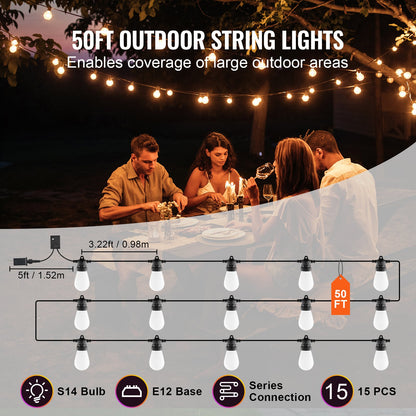RGB Outdoor String Lights, 50FT, Outside Patio Lights with APP Control 15 Bulbs, 15 Single-Color Adjustable Brightness Time Setting, Waterproof Hanging Lights for Halloween Decorations Christmas